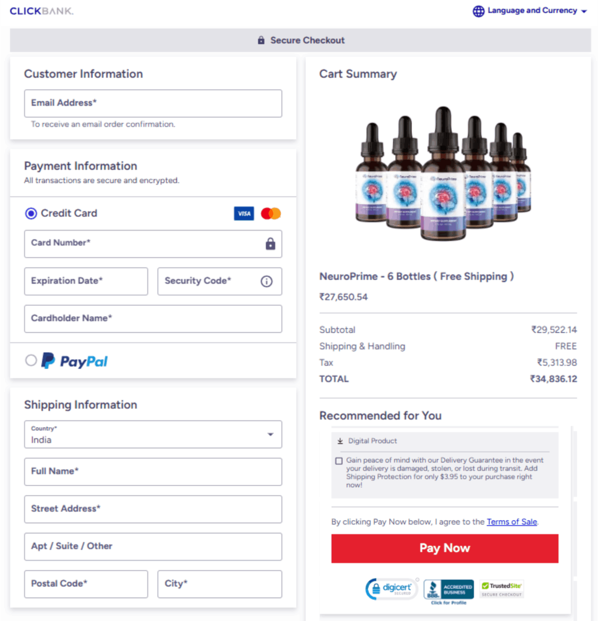 NeuroPrime secure checkout page